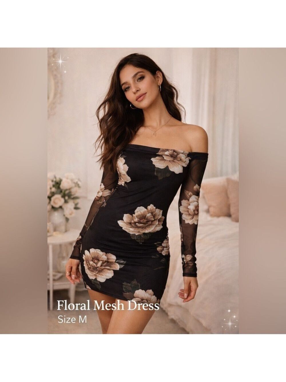 Active USA Black Floral Mesh Off Shoulder Dress Size M Sheer Sleeve Bodycon Mini